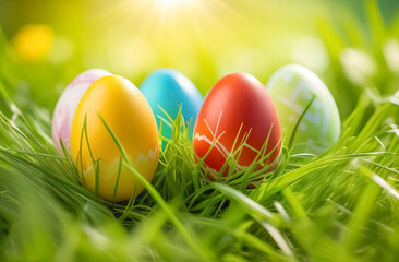 Multi-colored Easter eggs lie on a sunny meadow in green grass.
