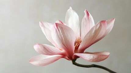  a close up of a pink flower on a twig with a white wall in the background and a light gray wall in the backround of the photo.