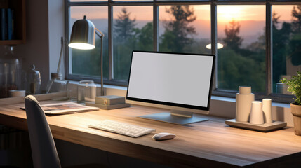 night workspace with monitor computer screen, A Modern Office Workspace with a White Desk, Cutting-Edge Technology, and Ample Creative Space - A Banner