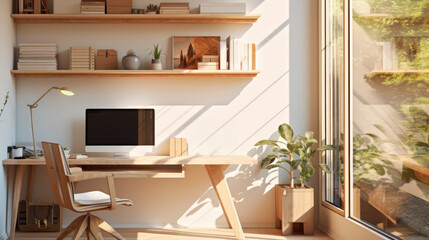 Wooden Desk in Modern Workspace Aesthetics: Stylish Interior Design , Computer, and Contemporary Decor - Ideal Home Office for Freelancers and Creatives - A Banner of Comfort and Productivity