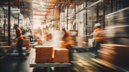 A busy warehouse scene captured with motion blur, showcasing the dynamic environment of logistics and supply. - obrazy, fototapety, plakaty