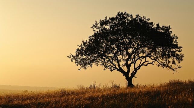  a lone tree sitting on top of a dry grass covered hillside at sunset with a yellow sky in the background of the picture and the silhouette of a lone tree in the foreground.