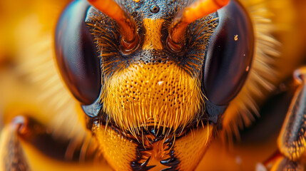 Extreme close-up of a bee, showcasing detailed insect features.
