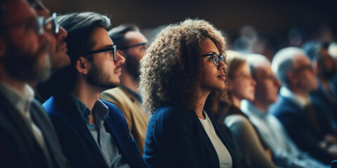 A diverse audience listens attentively at a seminar, showcasing engagement and interest in a professional setting. - obrazy, fototapety, plakaty