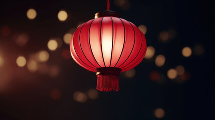 A single red Chinese lantern hanging against a dark background with soft glowing bokeh, symbolizing celebration and culture. - obrazy, fototapety, plakaty