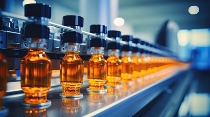 Medical bottles with yellow oil on production line in pharmaceutical factory