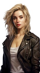cute girl, white background , medium hair, looking at another point, wearing leather jacket - generative ai