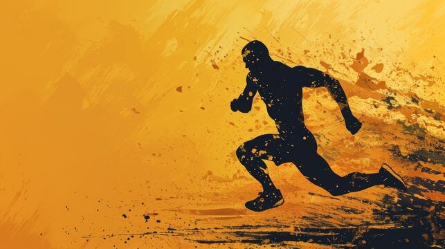  a silhouette of a man running on a yellow and black background with a splash of paint over the image of a man running on a yellow and black background with a splash.
