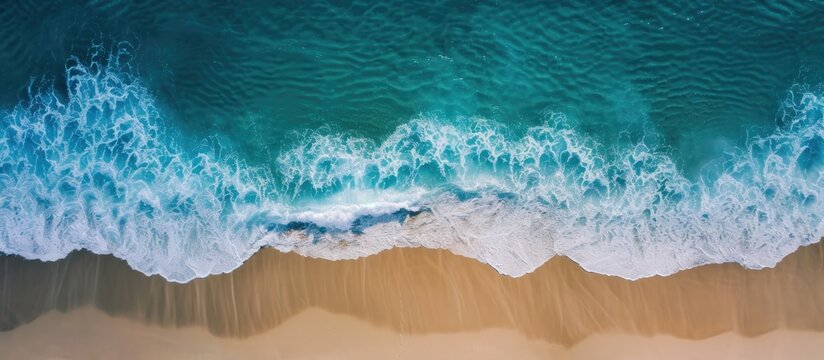 Fototapeta Aerial view of beach with waves washing over wet sand