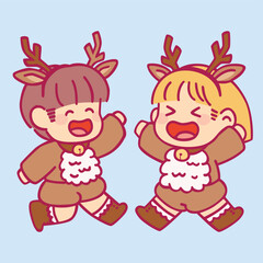 Cute kids wearing Christmas costume winter season vector design art. Children holiday celebration clothes