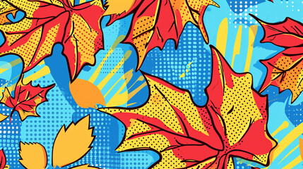 Fototapeta na wymiar Wow pop art Fall leafs. Vector colorful background in pop art retro comic style.