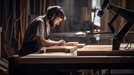 Obraz premium Skilled carpenter craftsman is working in his workshop, carpenter craftsman concept