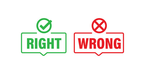 check mark icon button set. check box icon with right and wrong buttons and yes or no checkmark icons in green tick box and red cross. - obrazy, fototapety, plakaty