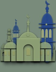Vector illustration of Ancient Arab mosque in traditional style, yellow light house, antique castle, islamic mosque buildings,