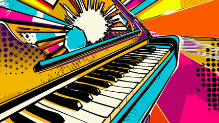 Wow pop art piano. Vector colorful background in pop art retro comic style. Music instrument - obrazy, fototapety, plakaty