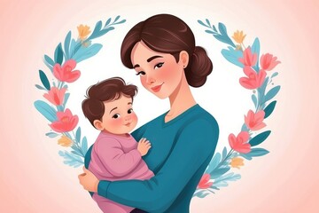 Illustration of mother holding baby son in arms. happy mothers day greeting card, mother day