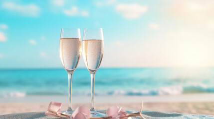 Celebratory champagne glasses on a sandy beach with a pink ribbon, perfect for romantic or festive beach events.