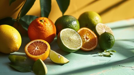  a group of oranges, limes, and lemons sitting on a table with leaves and a potted plant in the middle of the table and a yellow wall in the background.