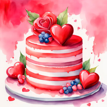 Watercolor valentine cake decorated with hearts on white background.