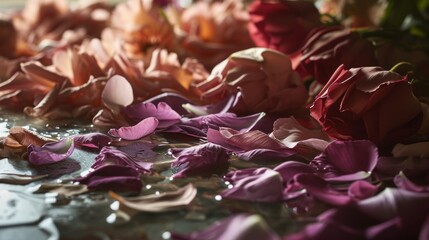  a close up of a bunch of flowers on the ground with water on the ground and petals on the ground and petals on the ground and petals on the ground. - obrazy, fototapety, plakaty