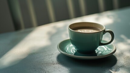  a cup of coffee sitting on top of a saucer on top of a wooden table with a shadow of clouds on the wall behind the cup and saucer.