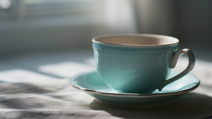  a tea cup sitting on top of a saucer on top of a white tablecloth covered table with sunlight streaming through the window behind the cup and saucer.