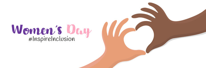 Fototapeta premium Inspireinclusion. A horizontal banner. Female hands with dark and light skin in the shape of a heart. With an inscription on a white background. 2024 International Women's Day. Vector illustration