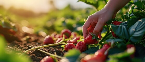 close up cropped hand picking fresh ripe strawberries in garden - obrazy, fototapety, plakaty