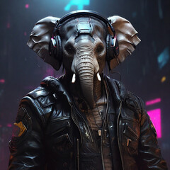 Cyberpunk Elephant in Leather and Headphones by Alex Petruk APe AI GENERATED