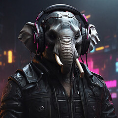 Cyberpunk Elephant in Leather and Headphones by Alex Petruk APe AI GENERATED - obrazy, fototapety, plakaty