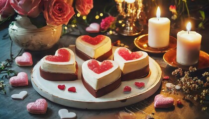 Heart-shaped cream cakes for valentine's day on a festive table with candles and flowers 