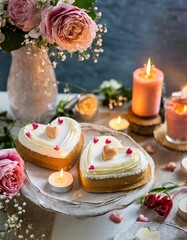 Heart-shaped cream cakes for valentine's day on a festive table with candles and flowers 