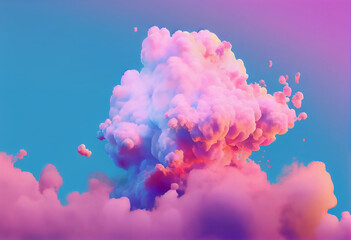 A colorful cloud of liquid is floating in the air on pink and blue background with pink sky.