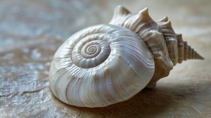  a close up of a sea shell on a white surface with a blurry image of the shell and the top part of the shell visible part of the shell.