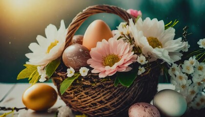 Obraz na płótnie Canvas Easter basket nest with Easter eggs