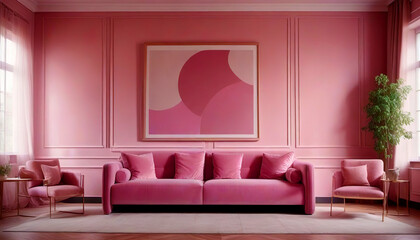 Pink sofa and armchairs against window near pink stucco wall with art poster frame. Art Deco interior design of modern living room