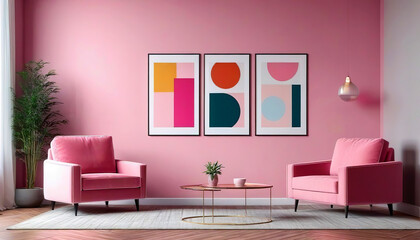 Pink sofa and armchairs against window near pink stucco wall with art poster frame. Art Deco interior design of modern living room