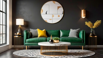 Round coffee table near green leather sofa against black wall with pattern art poster. Art Deco style home interior design of modern living room