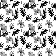 Obraz premium Seamless floral pattern with linear blossoms and leaves. Pencil drawing flowers. Black and white pattern in hawaiian style. Vector plants ornament. 