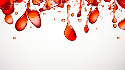 Vivid scarlet droplets in freefall against a pristine white backdrop, symbolizing medical research, donation, and the fluidity of life - obrazy, fototapety, plakaty