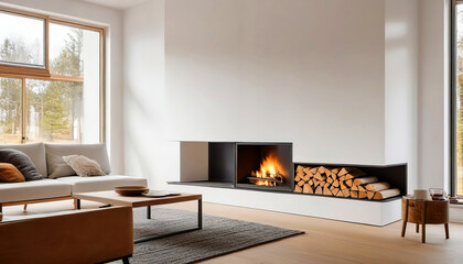 Scandinavian style interior with fireplace, niches in wall where wood is stored