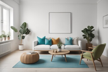  Interior design of living room with turquoise armchair and wooden coffee table