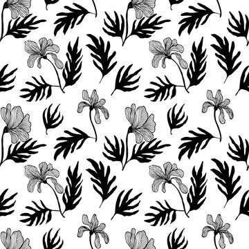 Seamless floral pattern with linear blossoms and leaves. Pencil drawing flowers. Black and white pattern in hawaiian style. Vector plants ornament. 