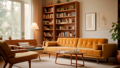 Sofa and bookcases. Mid-century style home interior design of modern living room