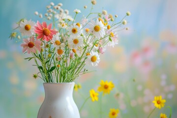 Wild flowers in vase on bright background