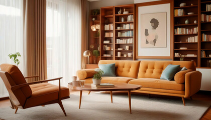 Fototapeta na wymiar Sofa and bookcases. Mid-century style home interior design of modern living room