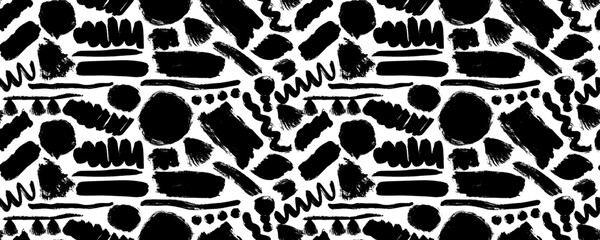 Seamless pattern charcoal pencil curly lines, squiggles and shapes. Grunge pen scribbles background. Hand drawn vector pencil lines and doodles. Black charcoal or chalk drawing. Rough crayon strokes.
