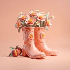 Boots with flowers on a soft peach background, The concept of spring and nature walks