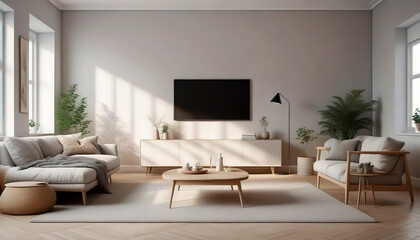 Naklejka na ściany i meble Minimalist modern living room interior background. Living room mock-up in Scandinavian style. Empty wall mockup.