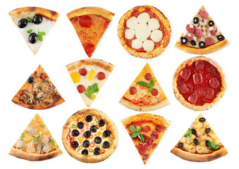 collection of various pizza slices - isolated